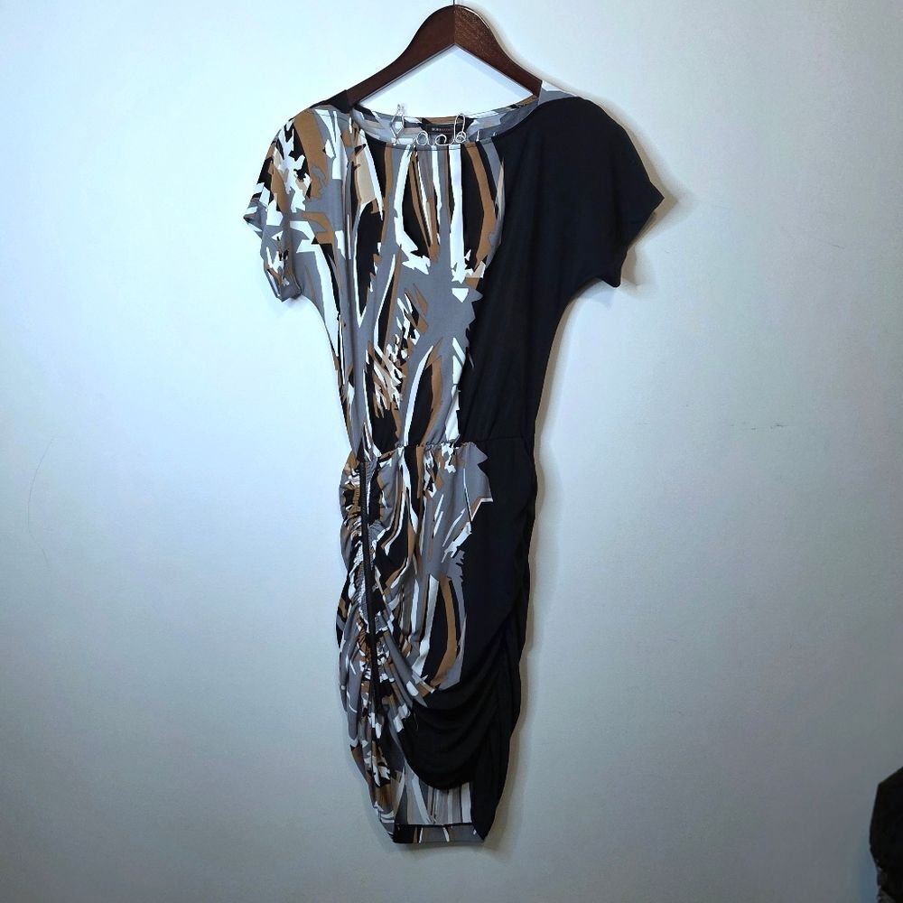 BCBGMaxAzria Black Gray Abstract Ruched Zippered Side Dress Size XS